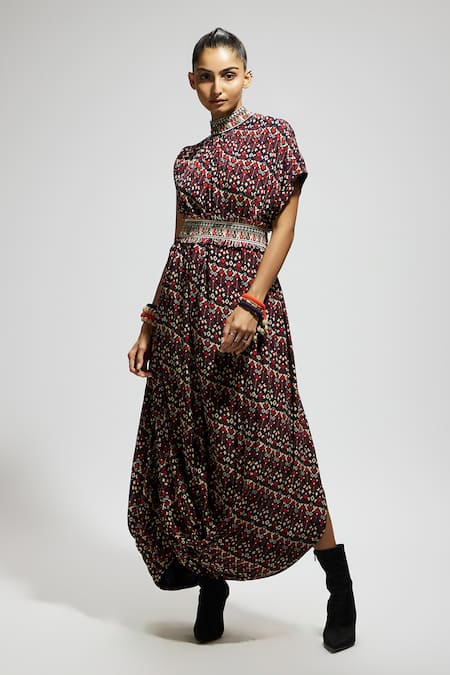 Sva By Sonam & Paras Modi_Multi Color Crepe Embroidery High Neck Tribal Print Draped Dress With Belt_Online_at_Aza_Fashions