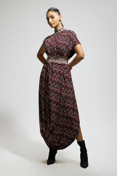 Buy_Sva By Sonam & Paras Modi_Multi Color Crepe Embroidery High Neck Tribal Print Draped Dress With Belt_Online_at_Aza_Fashions