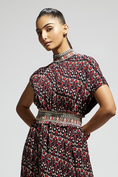 Sva By Sonam & Paras Modi_Multi Color Crepe Embroidery High Neck Tribal Print Draped Dress With Belt_at_Aza_Fashions