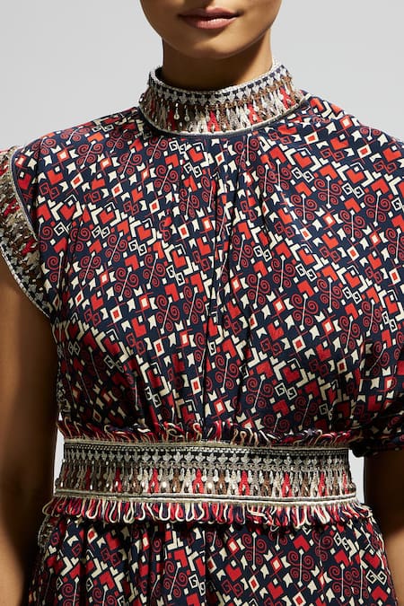 Buy_Sva By Sonam & Paras Modi_Multi Color Crepe Embroidery High Neck Tribal Print Draped Dress With Belt