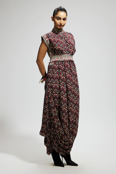 Shop_Sva By Sonam & Paras Modi_Multi Color Crepe Embroidery High Neck Tribal Print Draped Dress With Belt