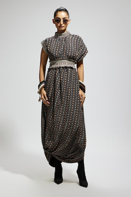 Sva By Sonam & Paras Modi_Multi Color Crepe Embroidery High Neck Boho Tribal Print Draped Dress_Online_at_Aza_Fashions