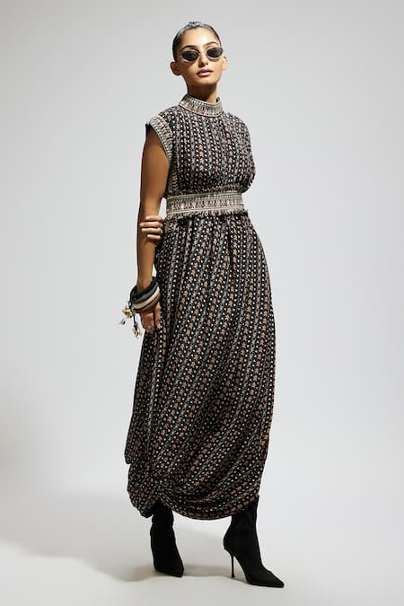 Buy_Sva By Sonam & Paras Modi_Multi Color Crepe Embroidery High Neck Boho Tribal Print Draped Dress_Online_at_Aza_Fashions