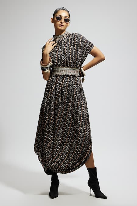 Sva By Sonam & Paras Modi_Multi Color Crepe Embroidery High Neck Boho Tribal Print Draped Dress_at_Aza_Fashions