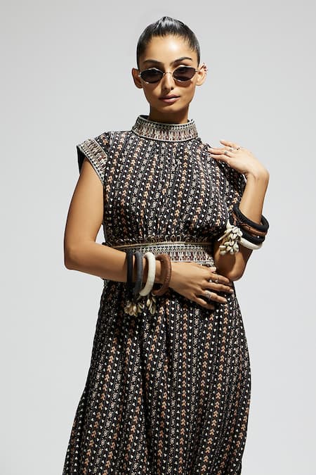 Buy_Sva By Sonam & Paras Modi_Multi Color Crepe Embroidery High Neck Boho Tribal Print Draped Dress