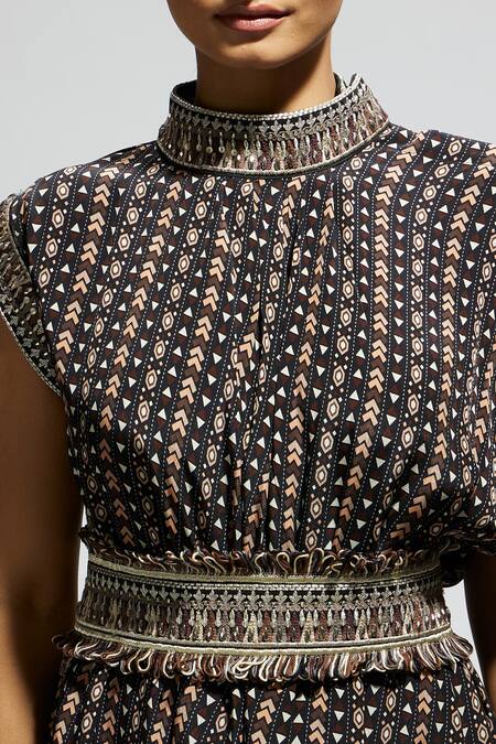 Shop_Sva By Sonam & Paras Modi_Multi Color Crepe Embroidery High Neck Boho Tribal Print Draped Dress