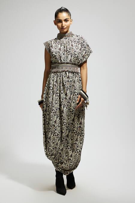 Sva By Sonam & Paras Modi White Crepe Embroidery High Neck Fleur Print Draped Cowl Dress Online at Aza Fashions Sva By Sonam & Paras Modi_White Crepe Embroidery High Neck Fleur Print Draped Cowl Dress_Online_at_Aza_Fashions