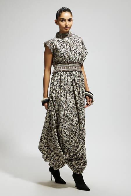 Buy Sva By Sonam & Paras Modi White Crepe Embroidery High Neck Fleur Print Draped Cowl Dress Online at Aza Fashions Buy_Sva By Sonam & Paras Modi_White Crepe Embroidery High Neck Fleur Print Draped Cowl Dress_Online_at_Aza_Fashions