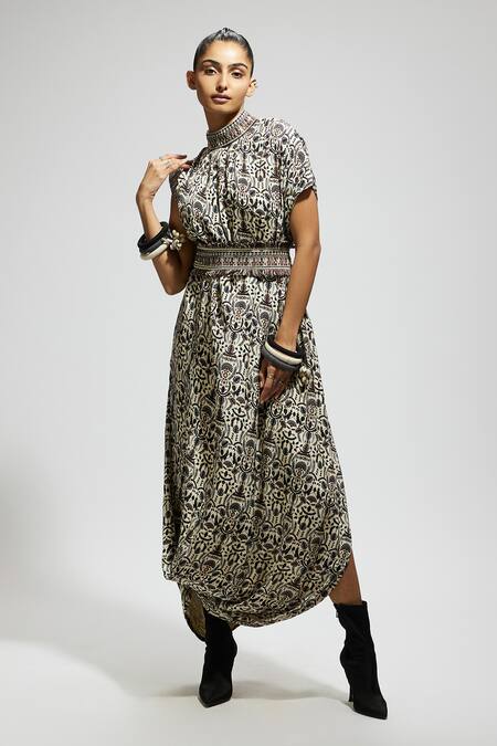 Sva By Sonam & Paras Modi White Crepe Embroidery High Neck Fleur Print Draped Cowl Dress at Aza Fashions Sva By Sonam & Paras Modi_White Crepe Embroidery High Neck Fleur Print Draped Cowl Dress_at_Aza_Fashions