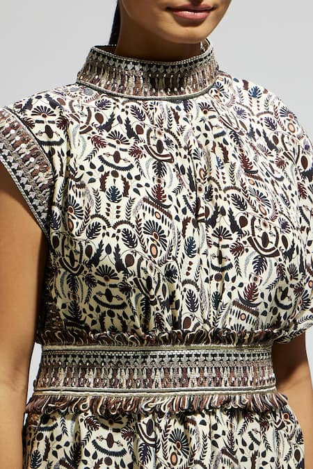 Shop Sva By Sonam & Paras Modi White Crepe Embroidery High Neck Fleur Print Draped Cowl Dress Shop_Sva By Sonam & Paras Modi_White Crepe Embroidery High Neck Fleur Print Draped Cowl Dress