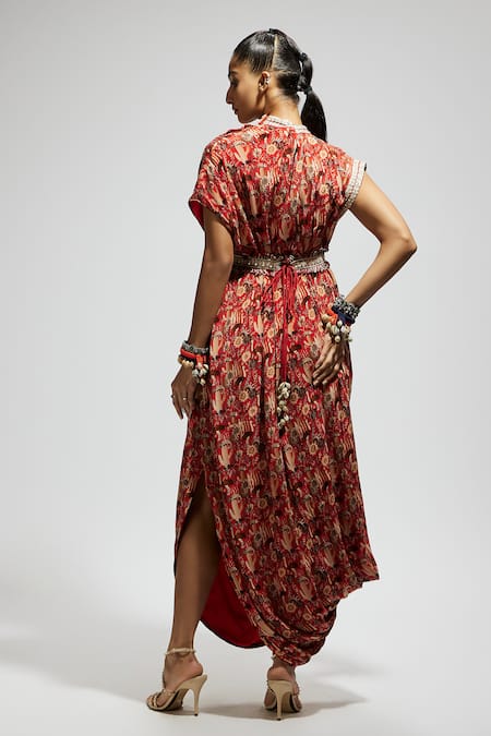 Sva By Sonam & Paras Modi Flora Fauna Print Draped Dress With Belt 