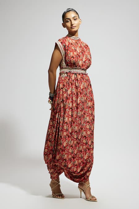 Sva By Sonam & Paras Modi_Orange Crepe Embroidery High Neck Flora Fauna Print Draped Dress With Belt_Online_at_Aza_Fashions