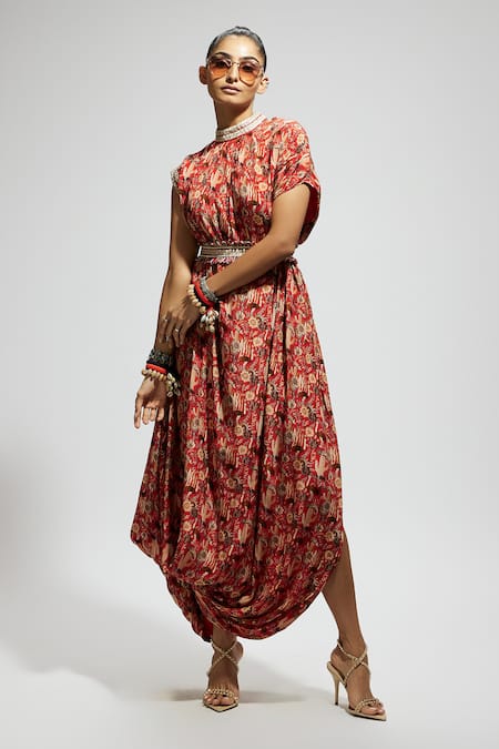 Buy_Sva By Sonam & Paras Modi_Orange Crepe Embroidery High Neck Flora Fauna Print Draped Dress With Belt_Online_at_Aza_Fashions