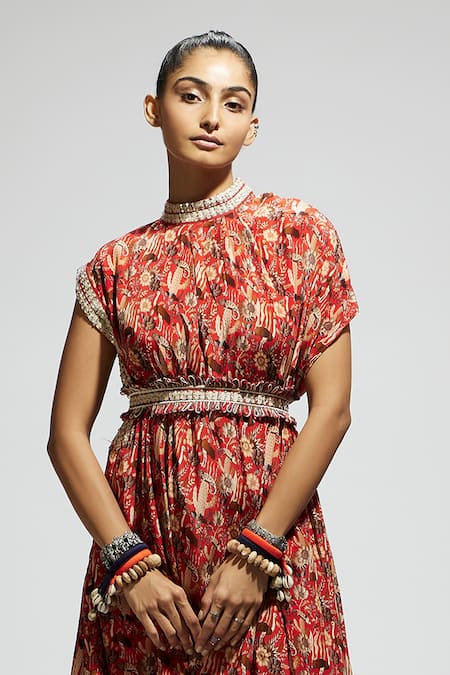 Sva By Sonam & Paras Modi_Orange Crepe Embroidery High Neck Flora Fauna Print Draped Dress With Belt_at_Aza_Fashions