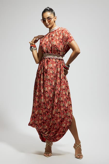 Buy_Sva By Sonam & Paras Modi_Orange Crepe Embroidery High Neck Flora Fauna Print Draped Dress With Belt