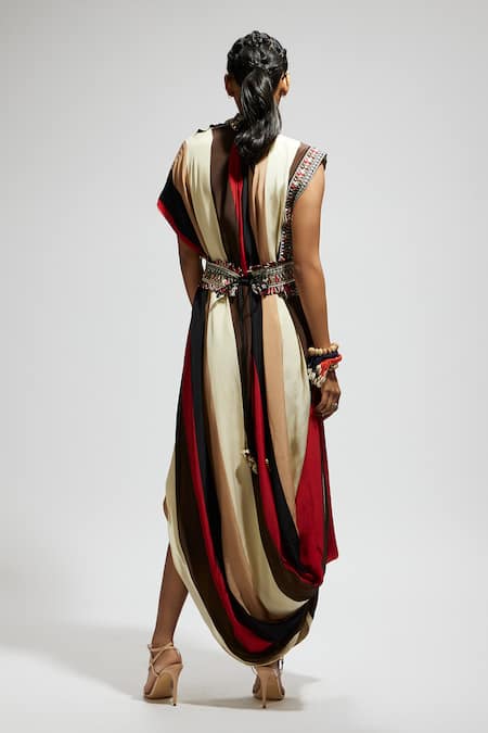 Sva By Sonam & Paras Modi Multi Color Striped Cowl Draped Dress 