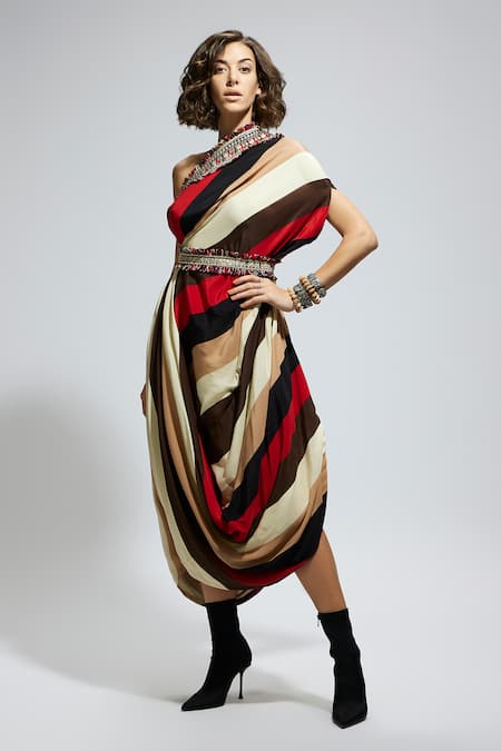 Sva By Sonam & Paras Modi_Multi Color Crepe Embroidery One Shoulder Striped Asymmetric Draped Dress_Online_at_Aza_Fashions