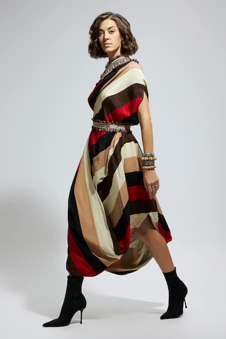 Buy_Sva By Sonam & Paras Modi_Multi Color Crepe Embroidery One Shoulder Striped Asymmetric Draped Dress_Online_at_Aza_Fashions