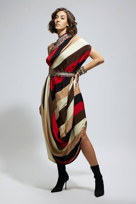 Sva By Sonam & Paras Modi_Multi Color Crepe Embroidery One Shoulder Striped Asymmetric Draped Dress_at_Aza_Fashions
