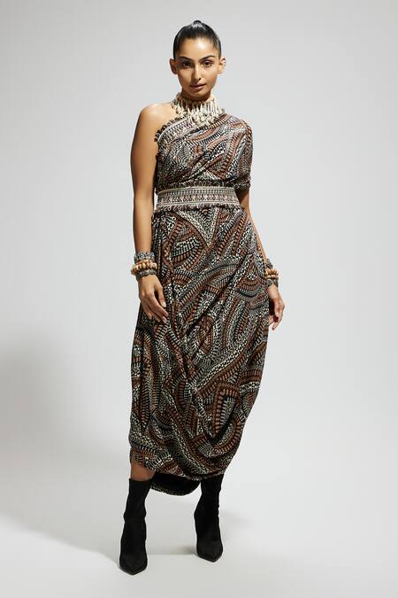 Sva By Sonam & Paras Modi_Brown Crepe Embroidery One Shoulder Zentangle Print Midi Dress_Online_at_Aza_Fashions