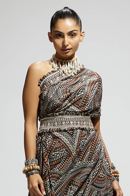 Buy_Sva By Sonam & Paras Modi_Brown Crepe Embroidery One Shoulder Zentangle Print Midi Dress_Online_at_Aza_Fashions