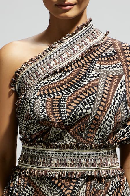 Buy_Sva By Sonam & Paras Modi_Brown Crepe Embroidery One Shoulder Zentangle Print Midi Dress