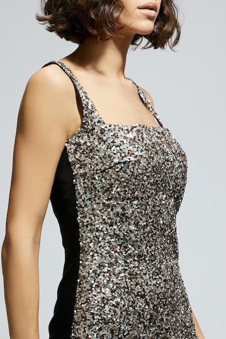 Buy Sva By Sonam & Paras Modi Silver Silk Sequins Square Neck Embellished Short Dress Buy_Sva By Sonam & Paras Modi_Silver Silk Sequins Square Neck Embellished Short Dress