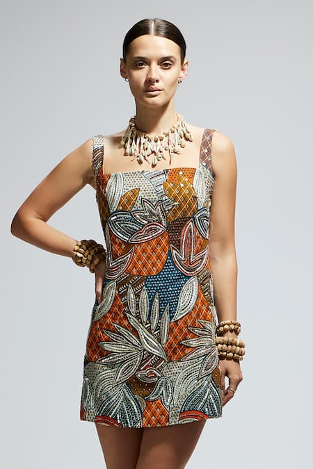 Sva By Sonam & Paras Modi_Multi Color Crepe Embroidery, Sequins Square Neck Foliage Patch Dress_Online_at_Aza_Fashions