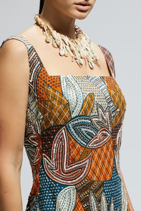 Buy_Sva By Sonam & Paras Modi_Multi Color Crepe Embroidery, Sequins Square Neck Foliage Patch Dress