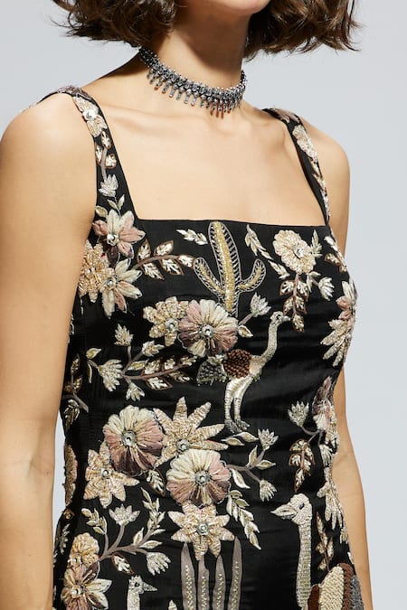 Sva By Sonam & Paras Modi_Black Silk Sequins, Beads Square Neck Wildlife Embroidered Mini Dress_at_Aza_Fashions