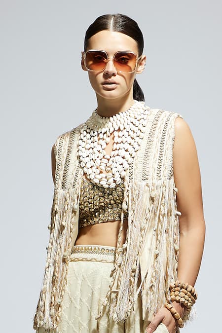 Sva By Sonam & Paras Modi_Ivory Silk Fringe Open Neck Boho Braided Jacket_Online_at_Aza_Fashions
