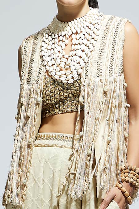 Buy_Sva By Sonam & Paras Modi_Ivory Silk Fringe Open Neck Boho Braided Jacket_Online_at_Aza_Fashions