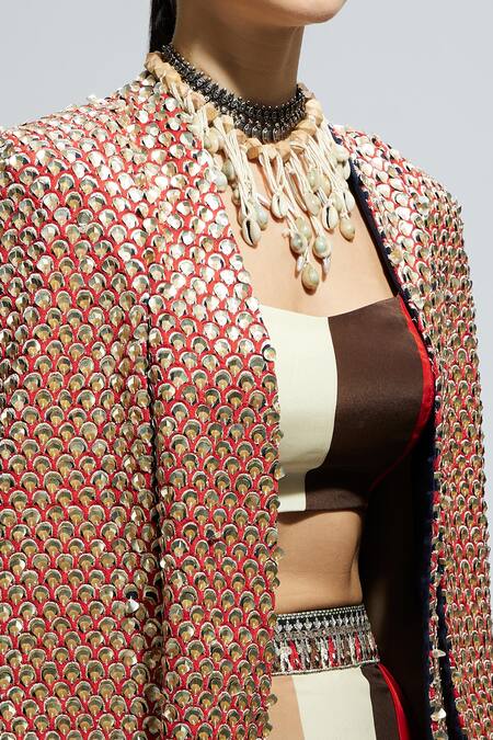 Sva By Sonam & Paras Modi Orange Scallop Embroidered Cape Jacket Online at Aza Fashions Sva By Sonam & Paras Modi_Orange Scallop Embroidered Cape Jacket_Online_at_Aza_Fashions
