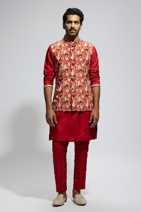 Sva By Sonam & Paras Modi Orange Silk Wildlife Print Sleeveless Bundi Online at Aza Fashions Sva By Sonam & Paras Modi_Orange Silk Wildlife Print Sleeveless Bundi_Online_at_Aza_Fashions