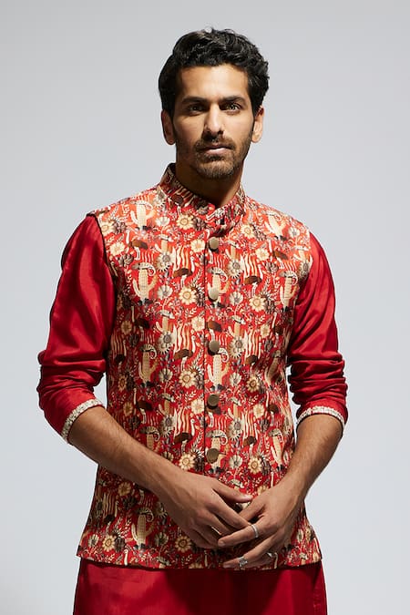 Buy Sva By Sonam & Paras Modi Orange Silk Wildlife Print Sleeveless Bundi Online at Aza Fashions Buy_Sva By Sonam & Paras Modi_Orange Silk Wildlife Print Sleeveless Bundi_Online_at_Aza_Fashions