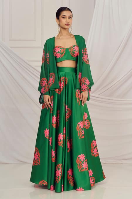 Harshita Singhvi_Green Satin, Silk, Crepe, Georgette Floral Heart Printed Lehenga And Shrug Set _Online_at_Aza_Fashions