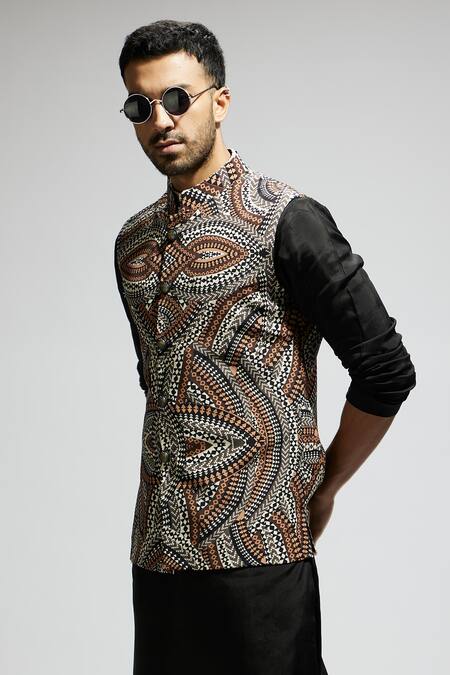 Buy Sva By Sonam & Paras Modi Brown Silk Zentangle Print Sleeveless Bundi Buy_Sva By Sonam & Paras Modi_Brown Silk Zentangle Print Sleeveless Bundi