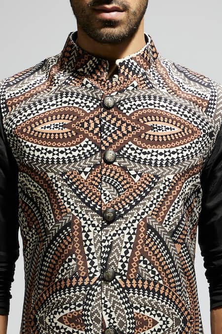 Shop Sva By Sonam & Paras Modi Brown Silk Zentangle Print Sleeveless Bundi Shop_Sva By Sonam & Paras Modi_Brown Silk Zentangle Print Sleeveless Bundi