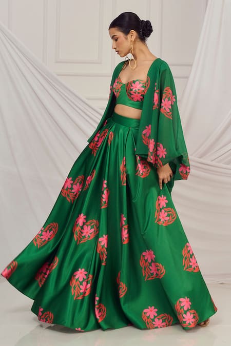 Buy_Harshita Singhvi_Green Satin, Silk, Crepe, Georgette Floral Heart Printed Lehenga And Shrug Set _Online_at_Aza_Fashions