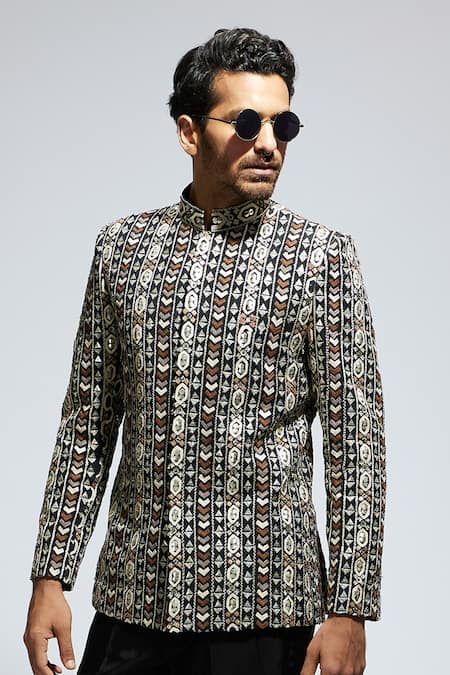 Shop Sva By Sonam & Paras Modi Black Silk Embroidery Geometric Bandhgala at Aza Fashions Shop_Sva By Sonam & Paras Modi_Black Silk Embroidery Geometric Bandhgala_at_Aza_Fashions