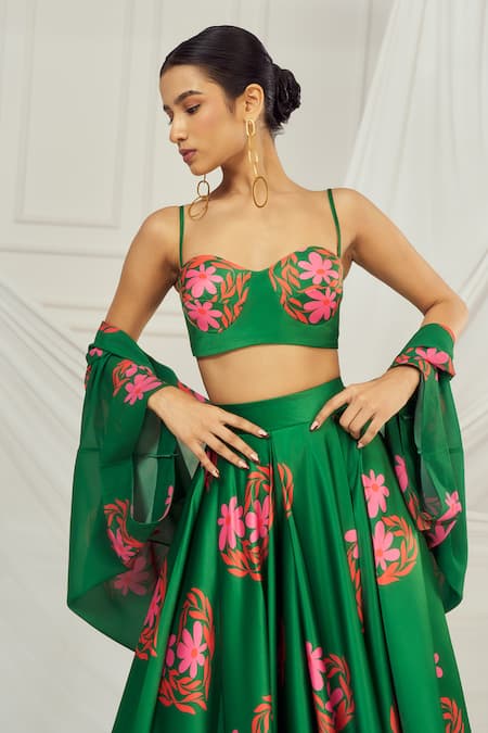 Shop_Harshita Singhvi_Green Satin, Silk, Crepe, Georgette Floral Heart Printed Lehenga And Shrug Set _Online_at_Aza_Fashions