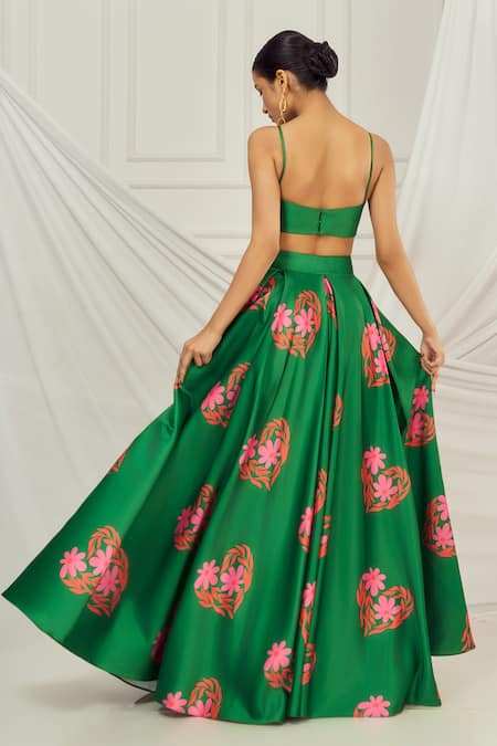Harshita Singhvi_Green Satin, Silk, Crepe, Georgette Floral Heart Printed Lehenga And Shrug Set _at_Aza_Fashions