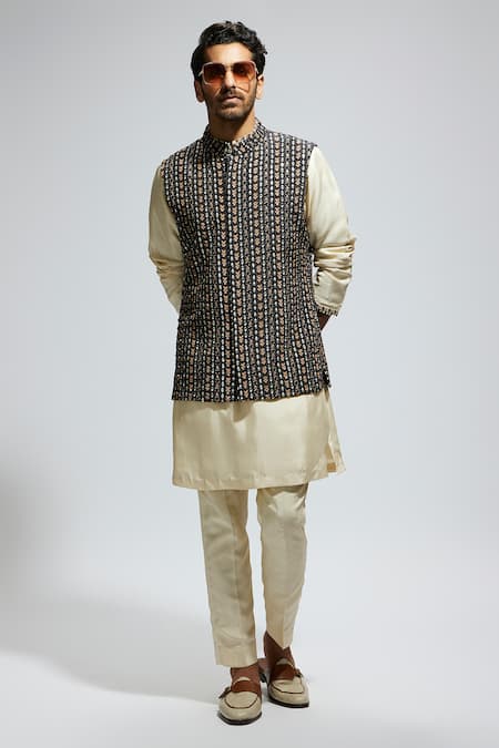 Sva By Sonam & Paras Modi_Black Silk Embroidery Boho Stripe Bundi_Online_at_Aza_Fashions