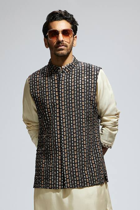 Buy_Sva By Sonam & Paras Modi_Black Silk Embroidery Boho Stripe Bundi_Online_at_Aza_Fashions