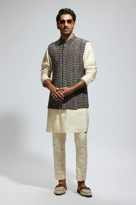 Buy_Sva By Sonam & Paras Modi_Black Silk Embroidery Boho Stripe Bundi