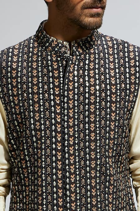 Shop_Sva By Sonam & Paras Modi_Black Silk Embroidery Boho Stripe Bundi