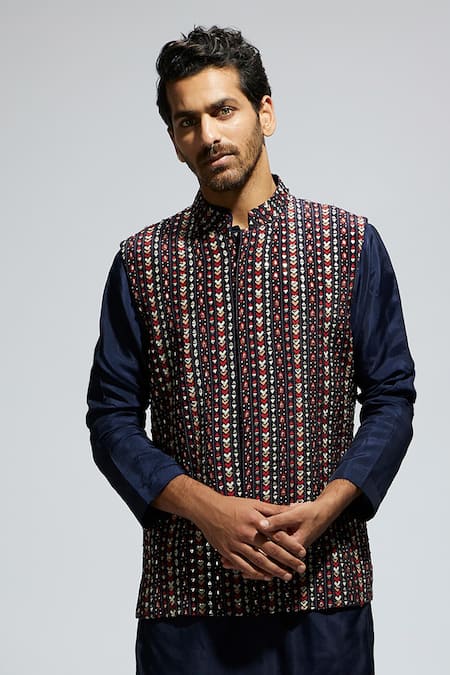 Sva By Sonam & Paras Modi_Blue Crepe Boho Geometric Embellished Bundi_Online_at_Aza_Fashions