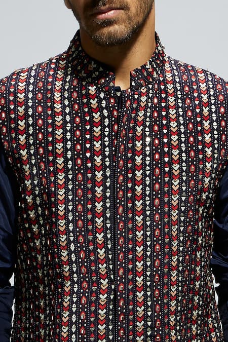 Buy_Sva By Sonam & Paras Modi_Blue Crepe Boho Geometric Embellished Bundi_Online_at_Aza_Fashions