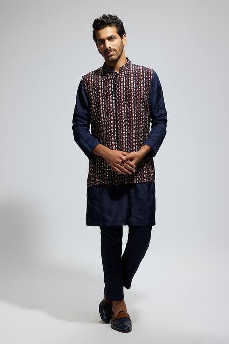 Sva By Sonam & Paras Modi_Blue Crepe Boho Geometric Embellished Bundi_at_Aza_Fashions