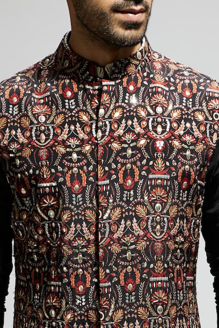 Buy_Sva By Sonam & Paras Modi_Black Silk Embroidery Leaf Jaal Embellished Bundi